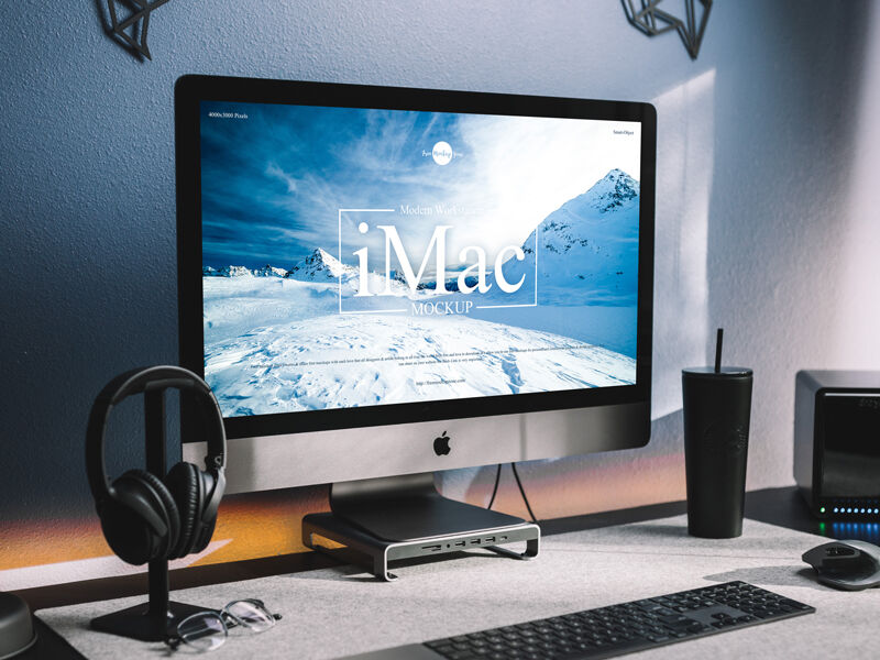 Perspective View of Modern Workstation iMac Mockup in Lifelike Setting