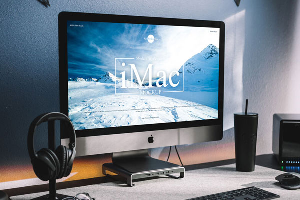Perspective View of Modern Workstation iMac Mockup in Lifelike Setting