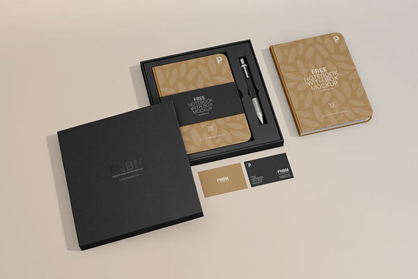 Perspective View of Notebooks, Box and Business Cards Mockup