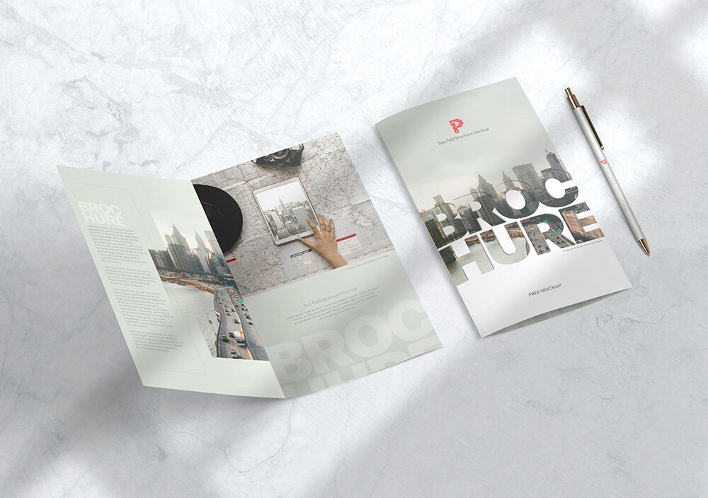 Perspective View of Opened and Closed Bi-fold Brochures Mockup