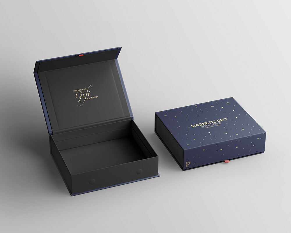 Perspective View of Opened and Closed Magnetic Gift Boxes Mockup