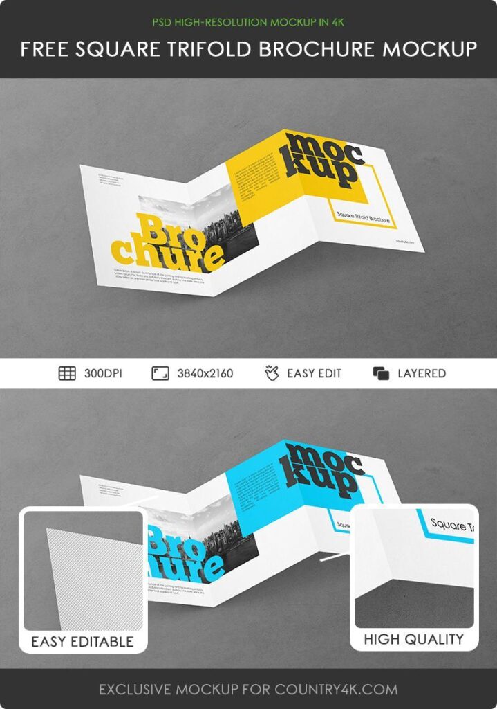 Perspective View of Opened Square Trifold Brochure Mockup