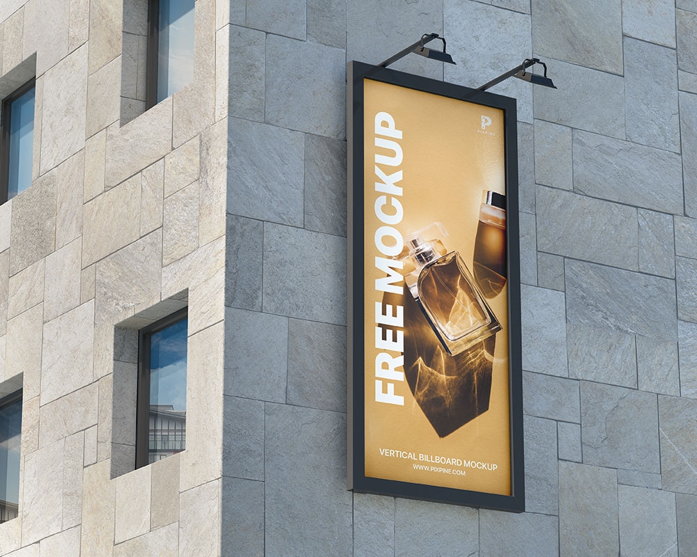 Perspective View of Outdoor Vertical Billboard Mockup on Building