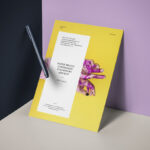 Perspective View of Paper Against Wall and Floating Pen Mockup