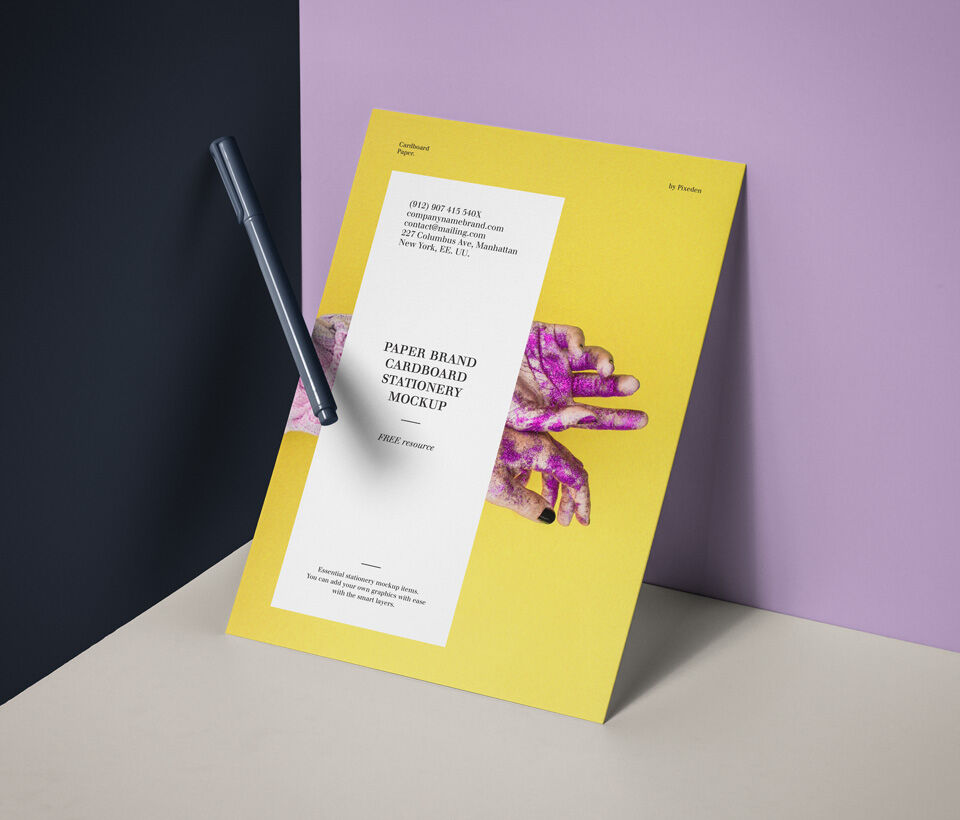 Perspective View of Paper Against Wall and Floating Pen Mockup