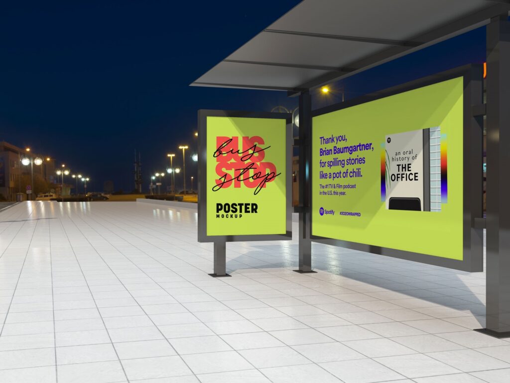 Perspective View of Realistic Bus Stop Posters Mockup