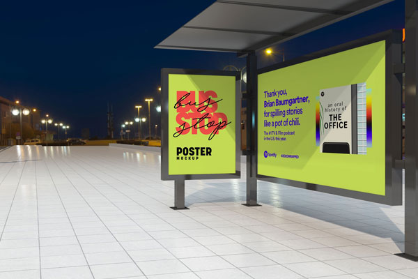 Perspective View of Realistic Bus Stop Posters Mockup