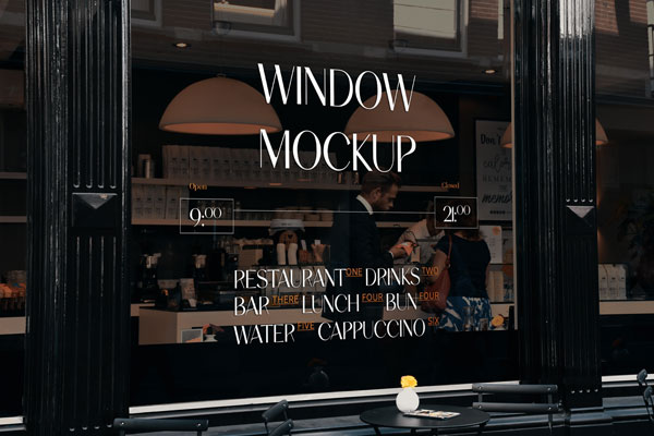 Perspective View of Realistic Restaurant Window Mockup