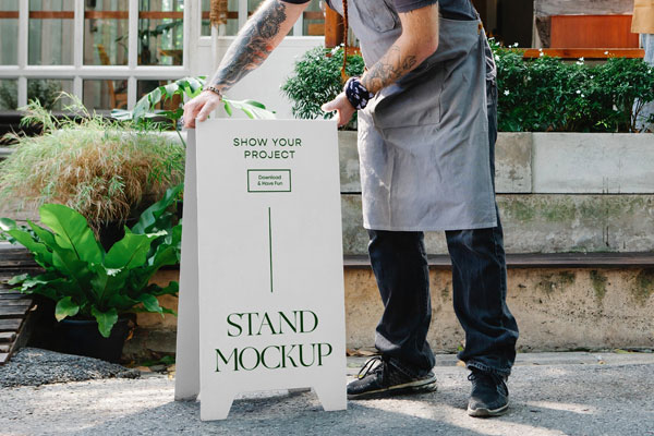 Perspective View of Restaurant Stand Mockup with People