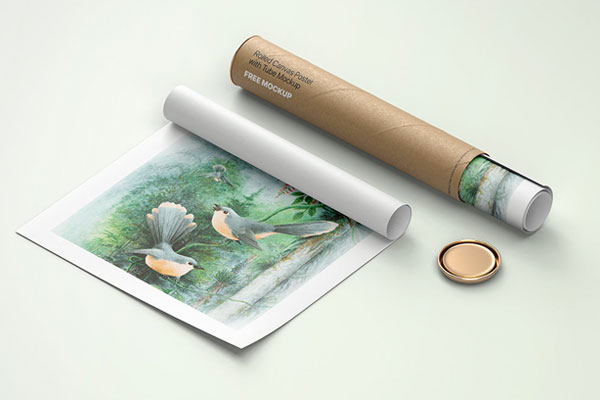 Perspective View of Rolled Canvas Poster Mockup with Paper Tube