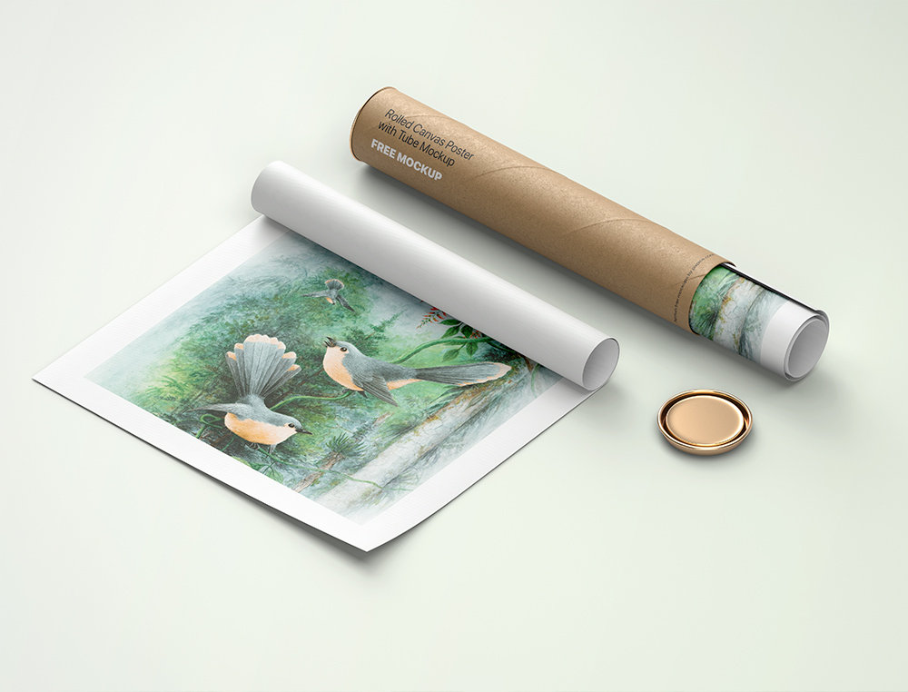 Perspective View of Rolled Canvas Poster Mockup with Paper Tube