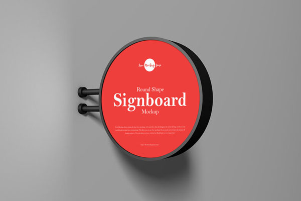 Perspective View of Round Shape Signboard Mounted on Wall Mockup