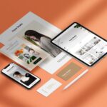 Perspective View of Seven Stationery Branding Objects Mockup