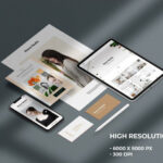 Perspective View of Seven Stationery Branding Objects Mockup
