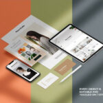 Perspective View of Seven Stationery Branding Objects Mockup