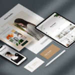Perspective View of Seven Stationery Branding Objects Mockup
