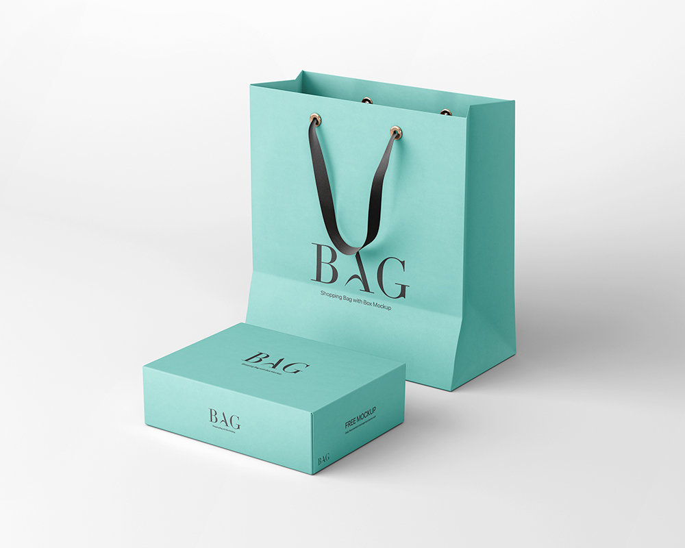 Perspective View of Shopping Bag Mockup with Box