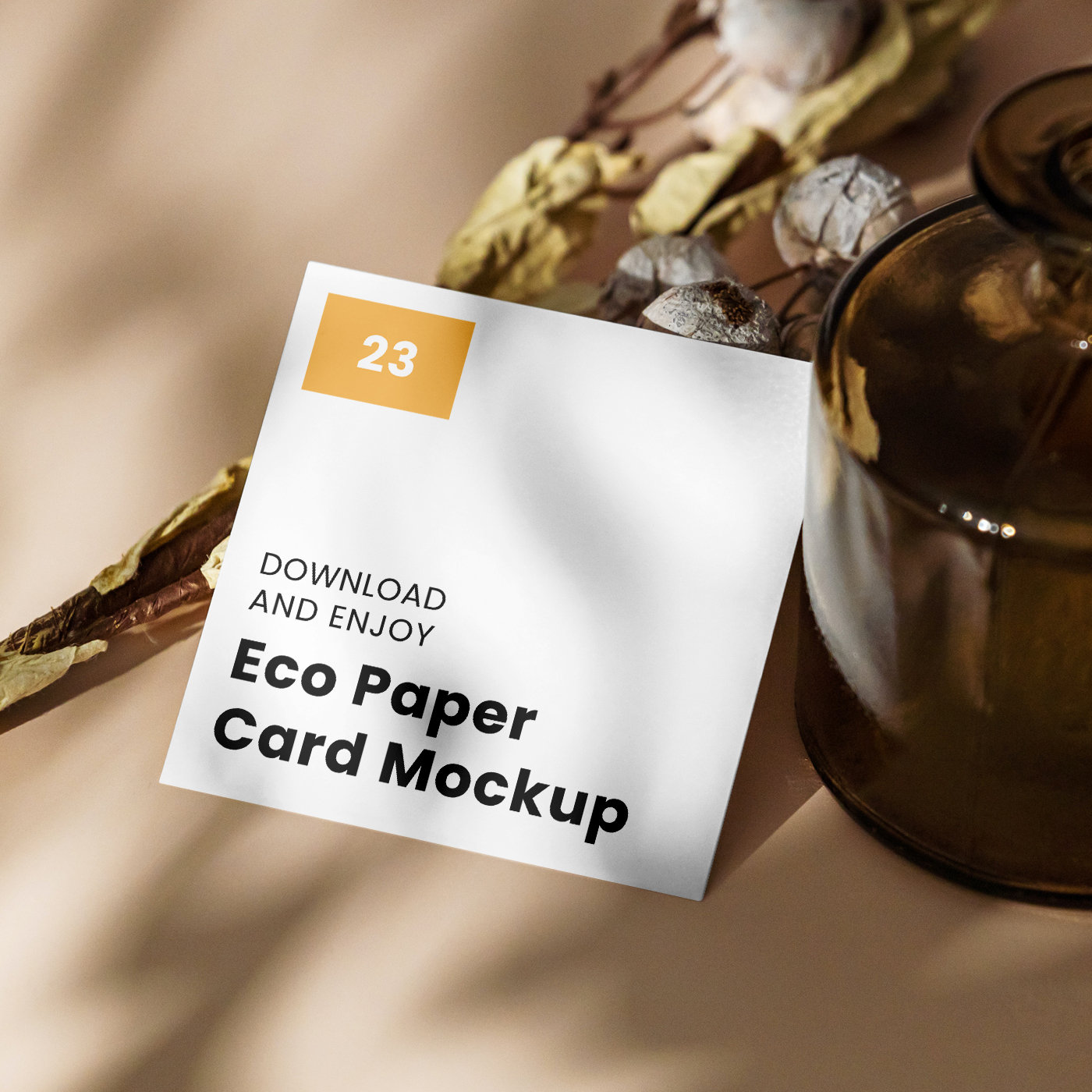Perspective View of Square Card Mockup with Glass Vase FREE PSD