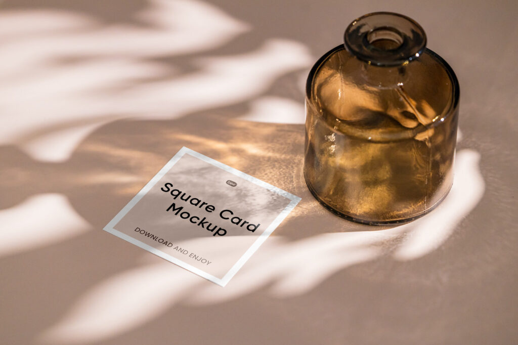 Perspective View of Square Card Mockup with Vase