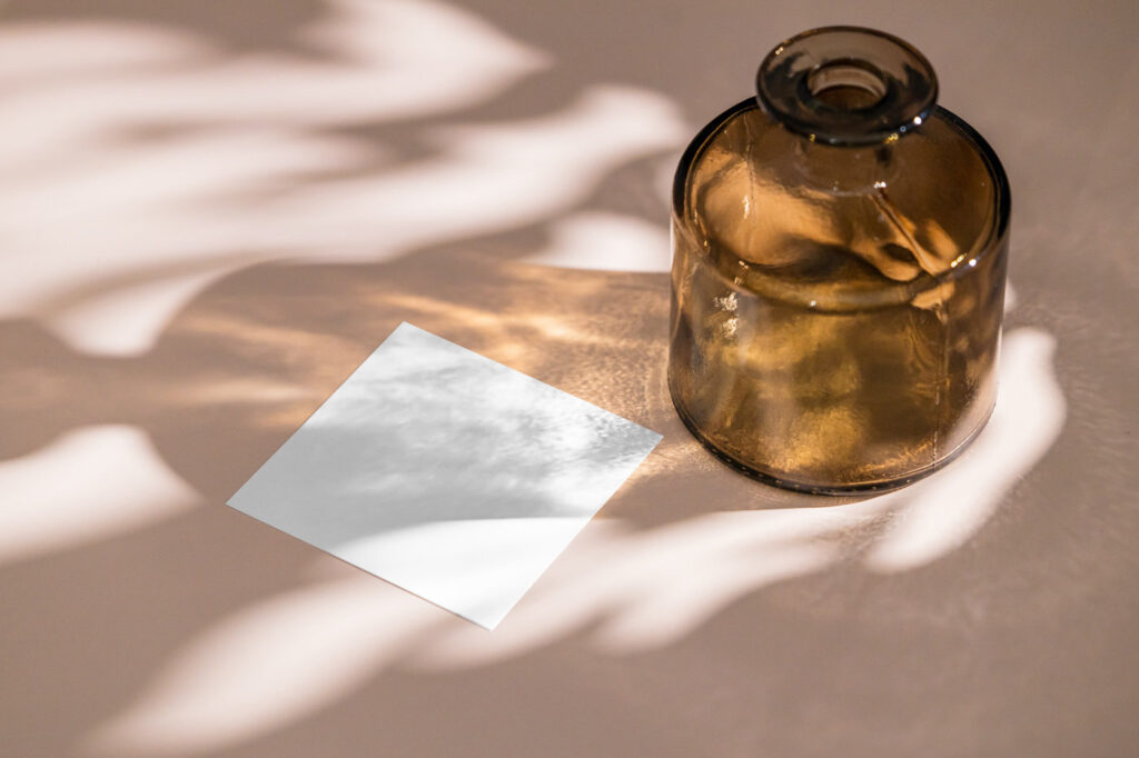 Perspective View of Square Card Mockup with Vase