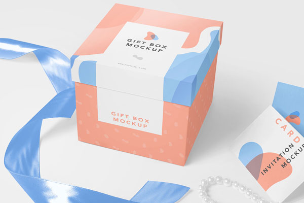 Perspective View of Square Gift Box and Two Greeting Cards Mockup