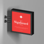 Perspective view of Square Signboard Mounted on Wall Mockup