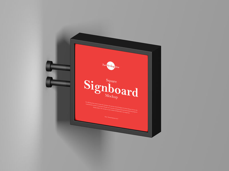 Perspective view of Square Signboard Mounted on Wall Mockup