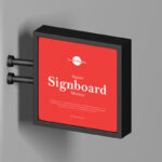 Perspective view of Square Signboard Mounted on Wall Mockup