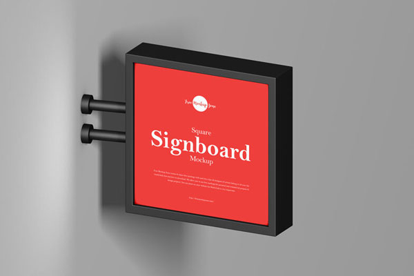 Perspective view of Square Signboard Mounted on Wall Mockup