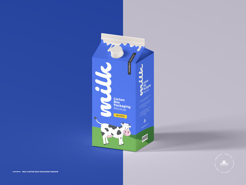 Perspective View of Standing Milk Carton Box Packaging Mockup