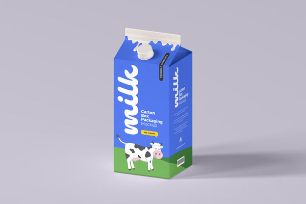 Perspective View of Standing Milk Carton Box Packaging Mockup