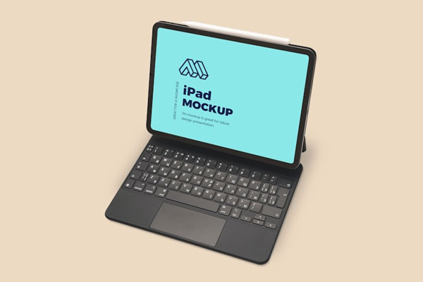 Perspective View of Standing Open iPad Mockup