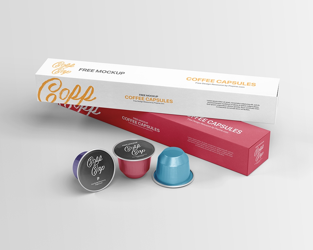 Perspective View of 3 Coffee Capsules and Their Packaging Mockup