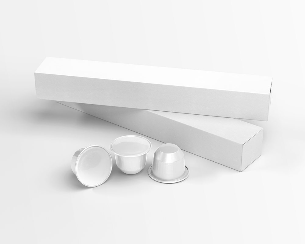 Perspective View of 3 Coffee Capsules and Their Packaging Mockup