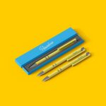 Perspective View of 3 Pens and a Packaging Box Mockup