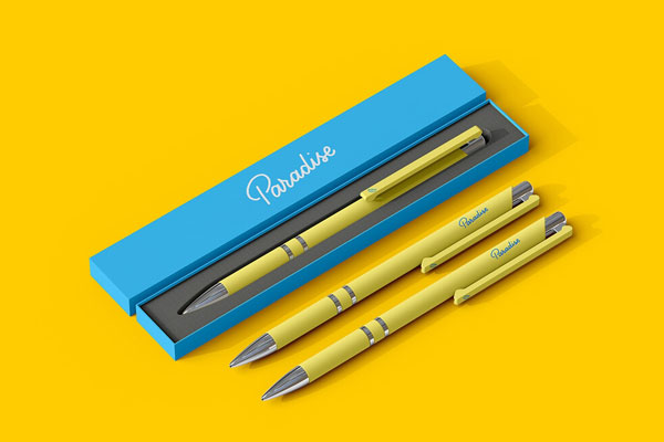 Perspective View of 3 Pens and a Packaging Box Mockup