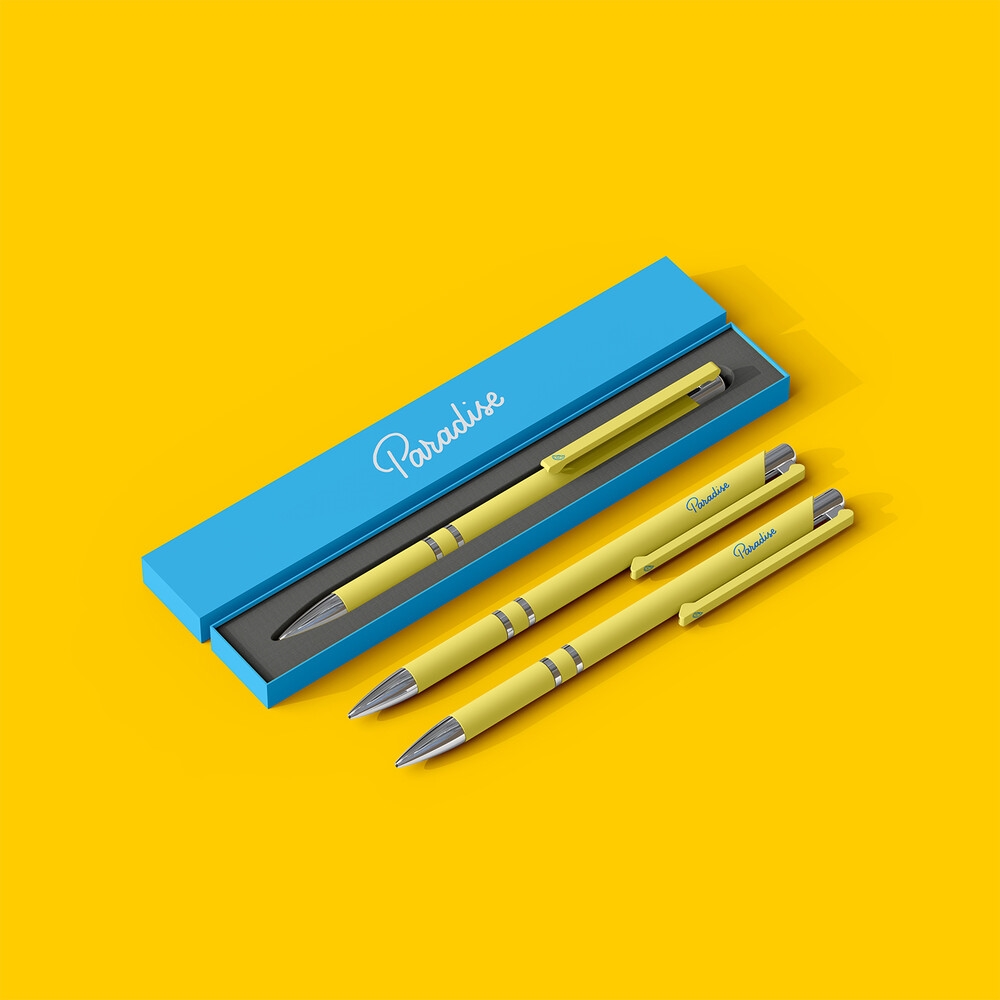 Perspective View of 3 Pens and a Packaging Box Mockup