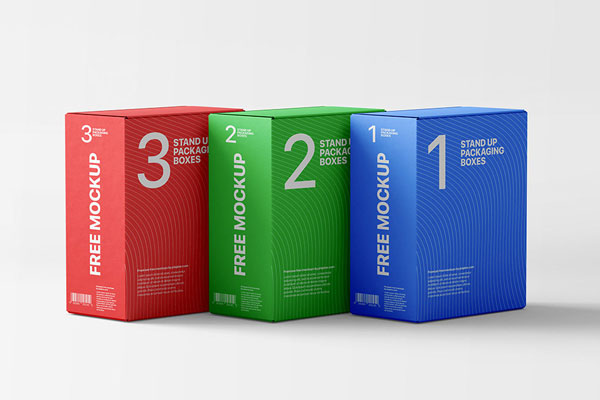 Perspective View of Three Standing Packaging Boxes Mockup