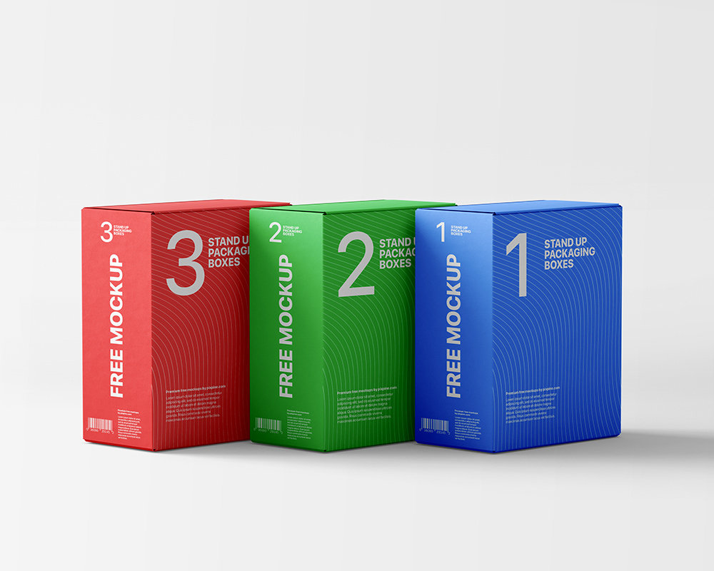 Perspective View of Three Standing Packaging Boxes Mockup