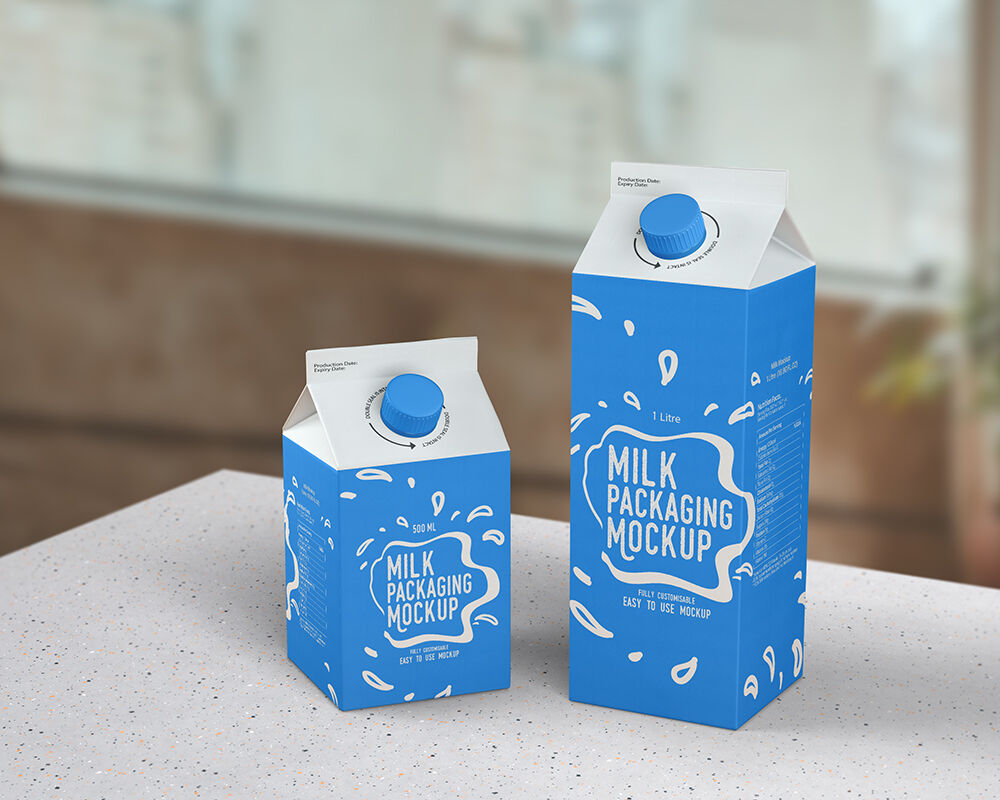 Perspective View of Two Milk Packaging in Different Size Mockup