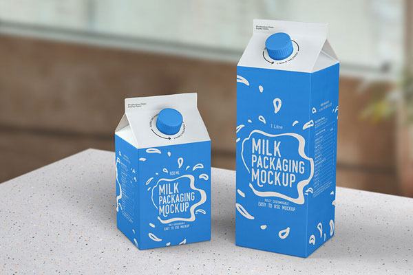 Perspective View of Two Milk Packaging in Different Size Mockup