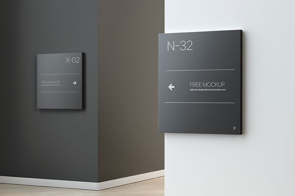 Perspective View of Two Wall Wayfinding Signs Mockup