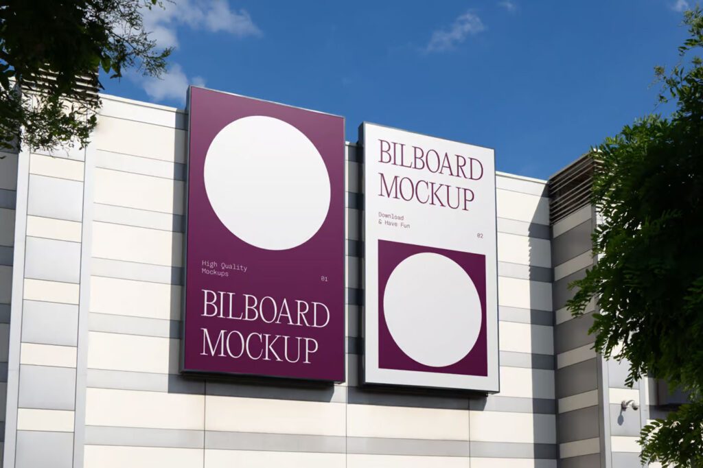 Perspective View of Vertical Billboards Mockup on Building