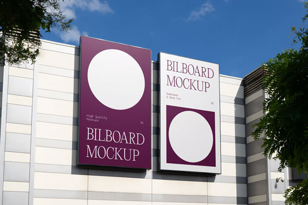 Perspective View of Vertical Billboards Mockup on Building