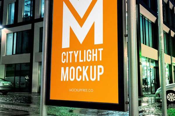 Perspective View of Vertical City light Poster Mockup in Urban Setting