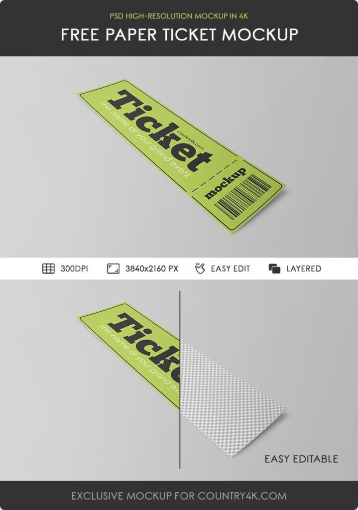 Perspective View of Vertical Paper Ticket Mockup