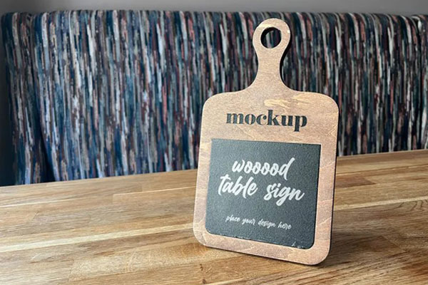 Perspective View of Wood Table Sign Mockup