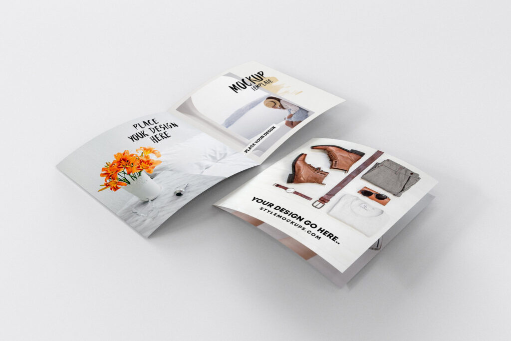 Perspective View Open and Closed Bi-fold Square Brochures Mockup