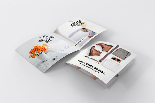 Perspective View Open and Closed Bi-fold Square Brochures Mockup