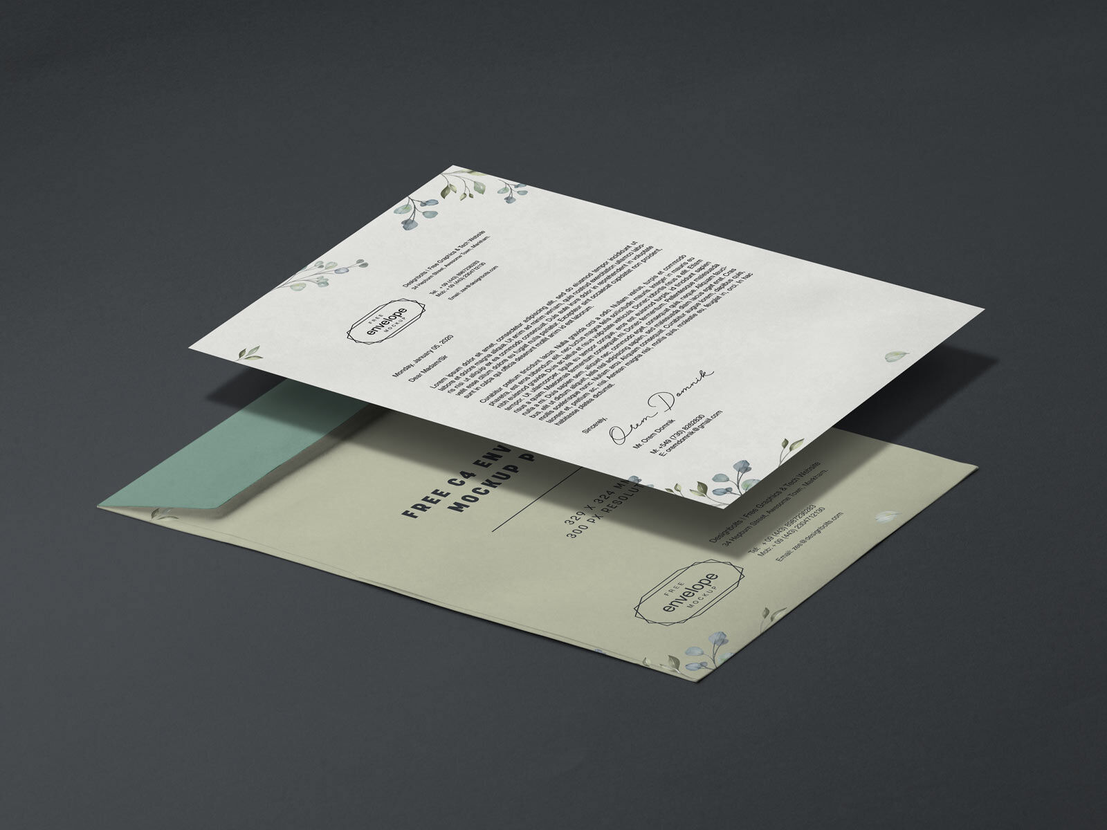 Perspective View Overlapping A4 Letterhead and C4 Envelope Mockup FREE PSD